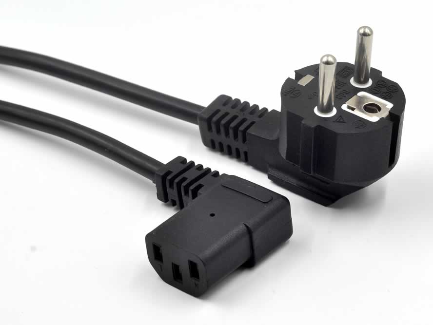 Europe Power Cords, CEE 7/7 Schuko Plug to IEC 60320 C13 Left Angle Connector, Type E,F, 3 poles Plug, VDE, TUV Certified