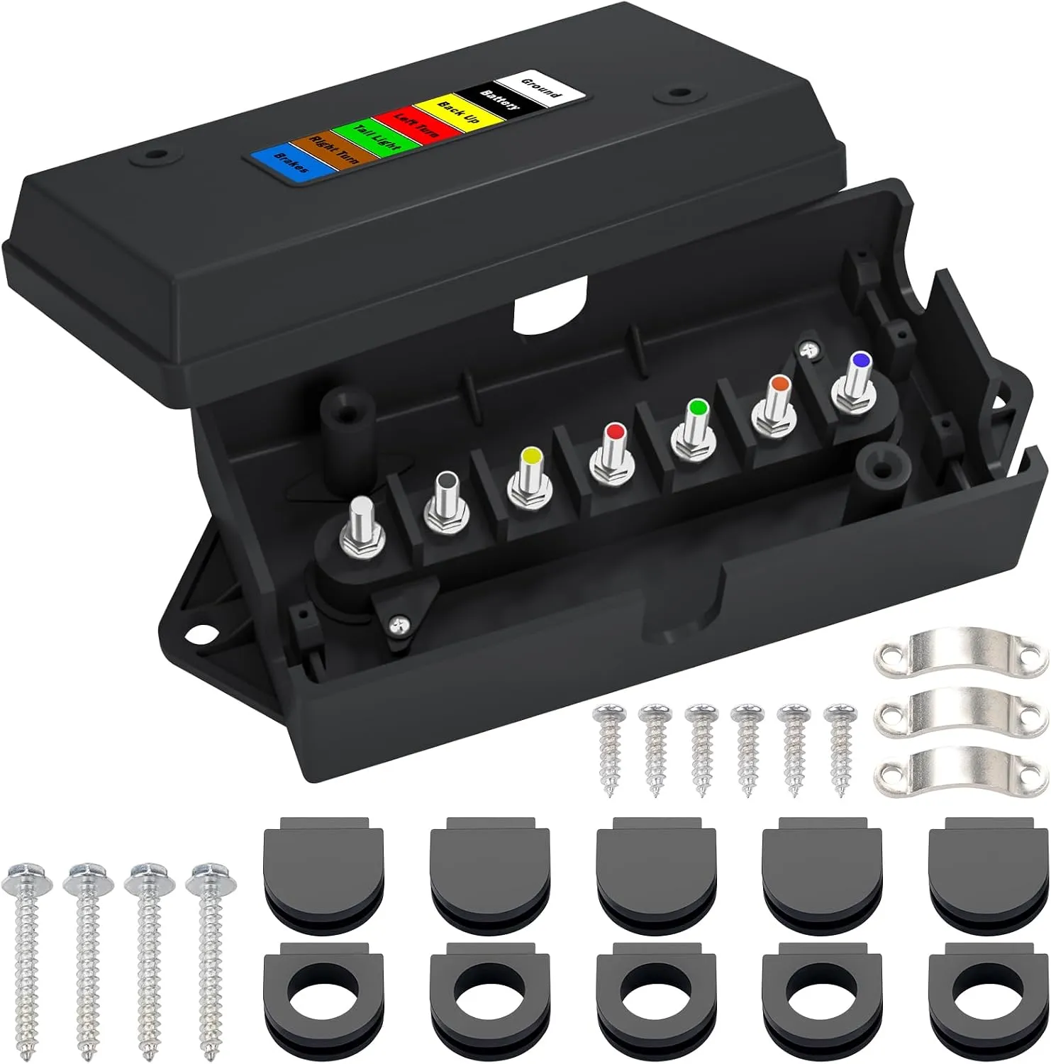 Seven gang trailer junction box with the lid off, showing the tinned busbar and the terminal positions