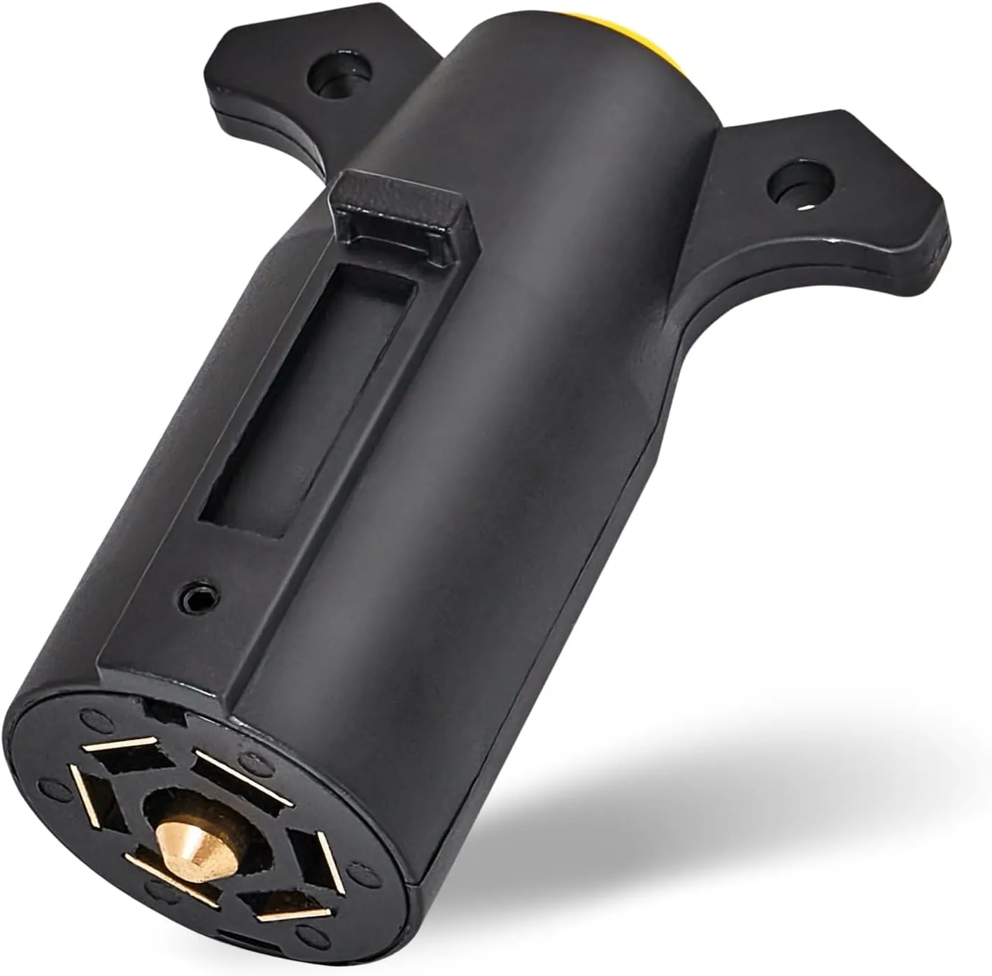 Seven way trailer plug with a screw mount flange, a round center pin and six flat blades