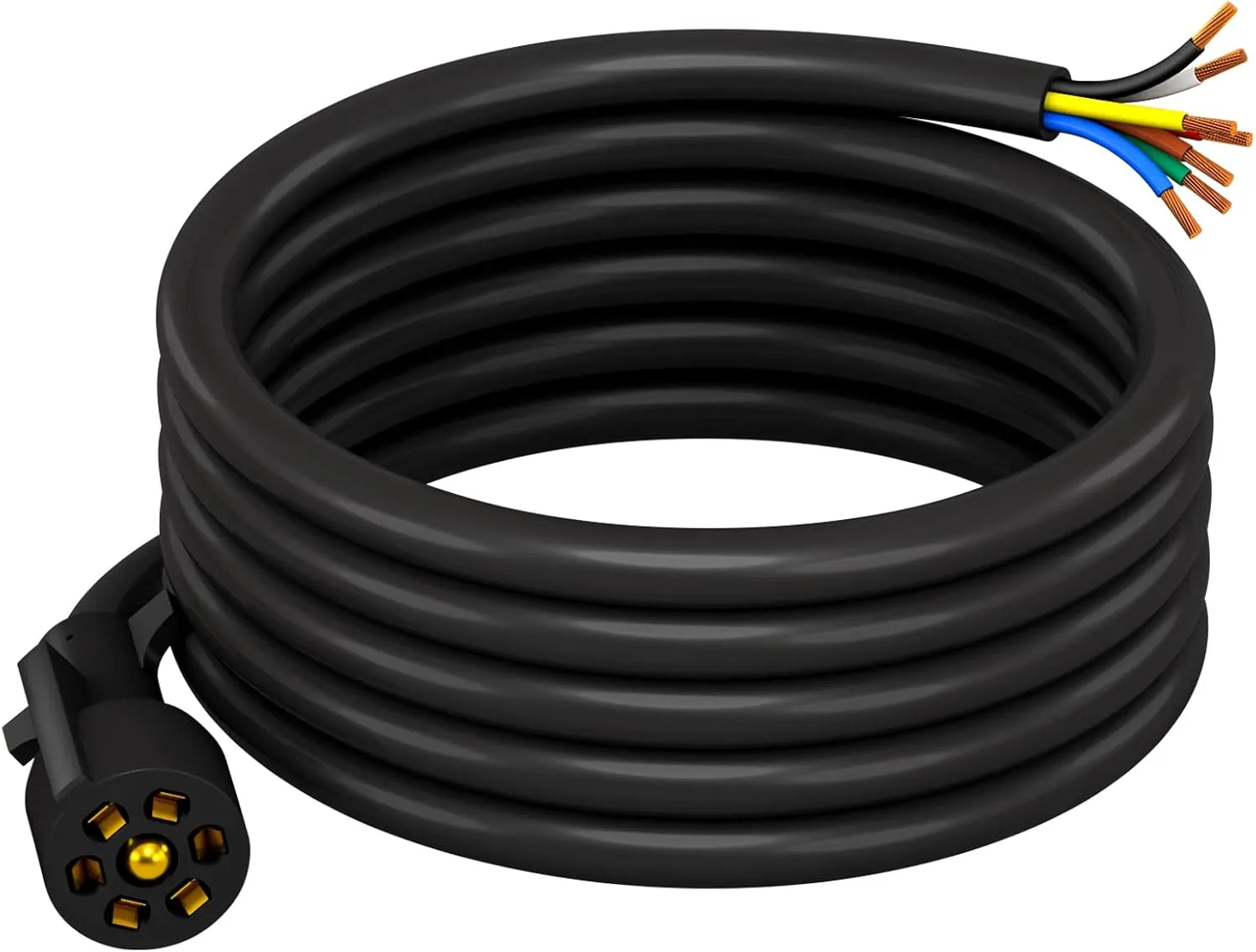 Seven way trailer power cord with a molded seven pin plug, one end cut bare for field wiring