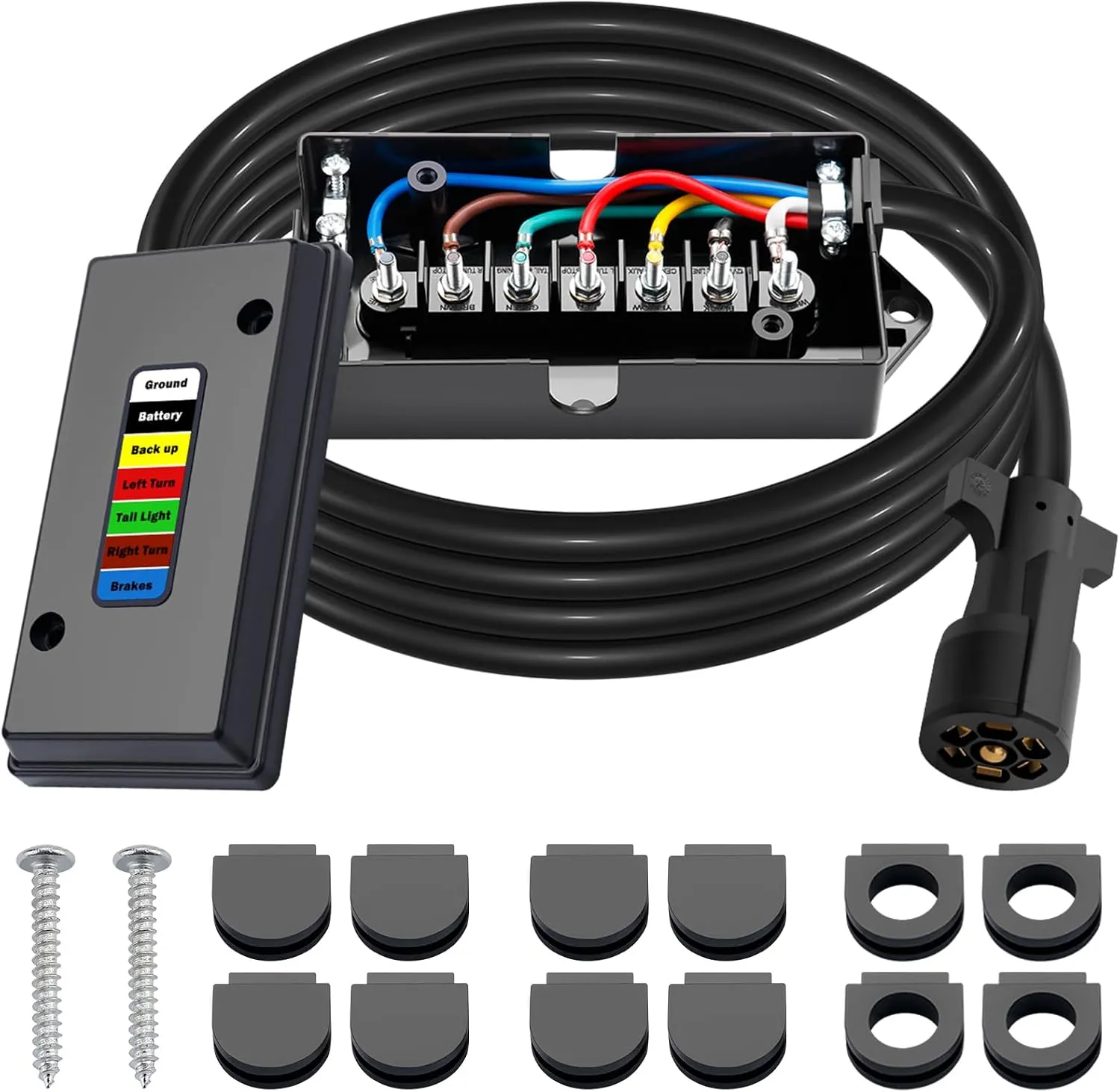 Seven way trailer cord wired into a seven gang junction box harness with the lid fitted