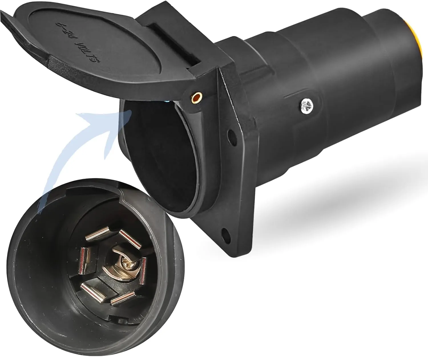 Seven way trailer socket with a hinged cover and a flanged mounting body, marked 7P