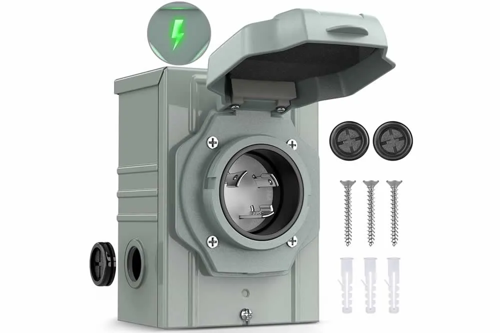30 Amp generator power inlet box with NEMA L5-30P locking inlet, weatherproof steel enclosure, ETL listed
