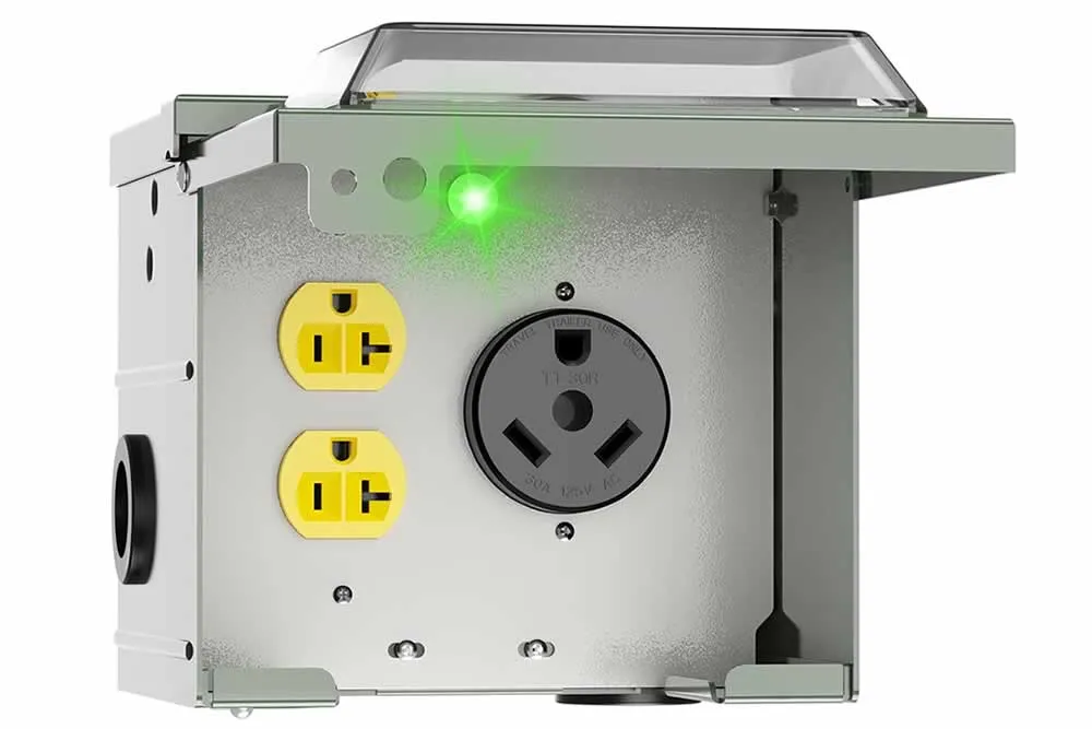 30 amp RV power outlet box with NEMA TT-30R receptacle and NEMA 5-20R duplex, weatherproof enclosure