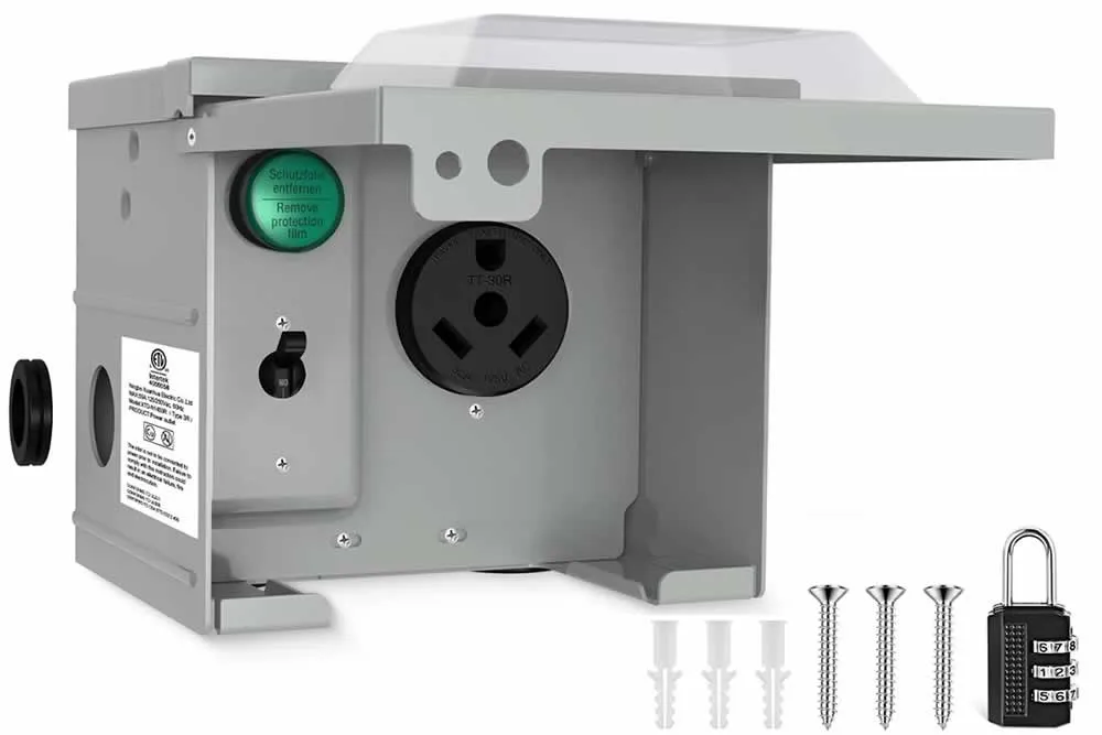 30 amp RV power outlet box with breaker and NEMA TT-30R receptacle, lockable weatherproof cover, ETL listed