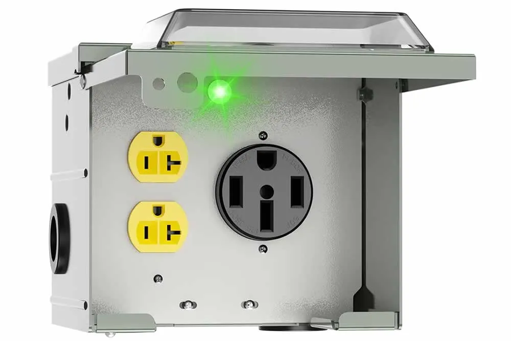 50 amp RV power outlet box with NEMA 14-50R receptacle and NEMA 5-20R duplex, weatherproof enclosure