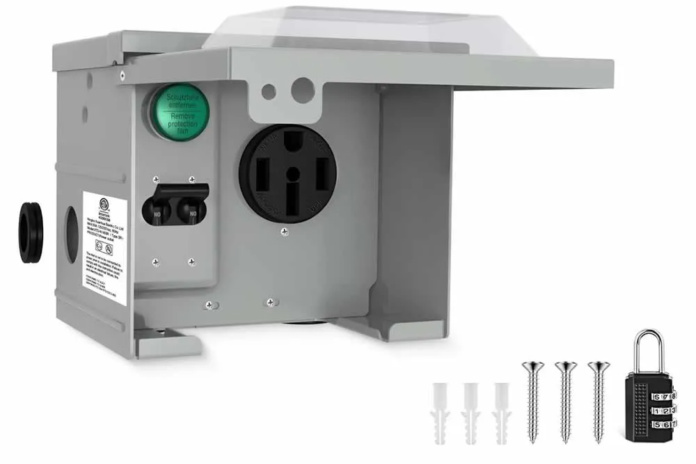 50 amp RV power outlet box with breaker and NEMA 14-50R receptacle, lockable weatherproof cover, ETL listed