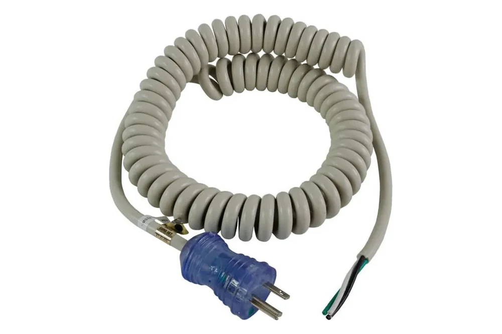 Hospital grade NEMA 5-15P coiled power cord with stripped end for equipment wiring