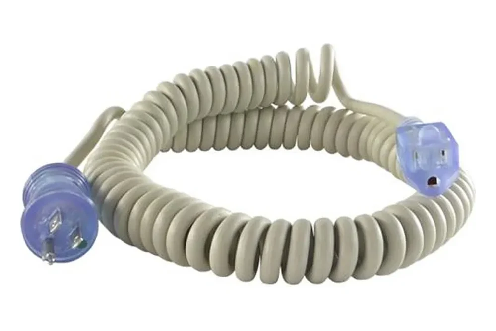 Hospital grade NEMA 5-15P to NEMA 5-15R coiled extension power cord for medical carts