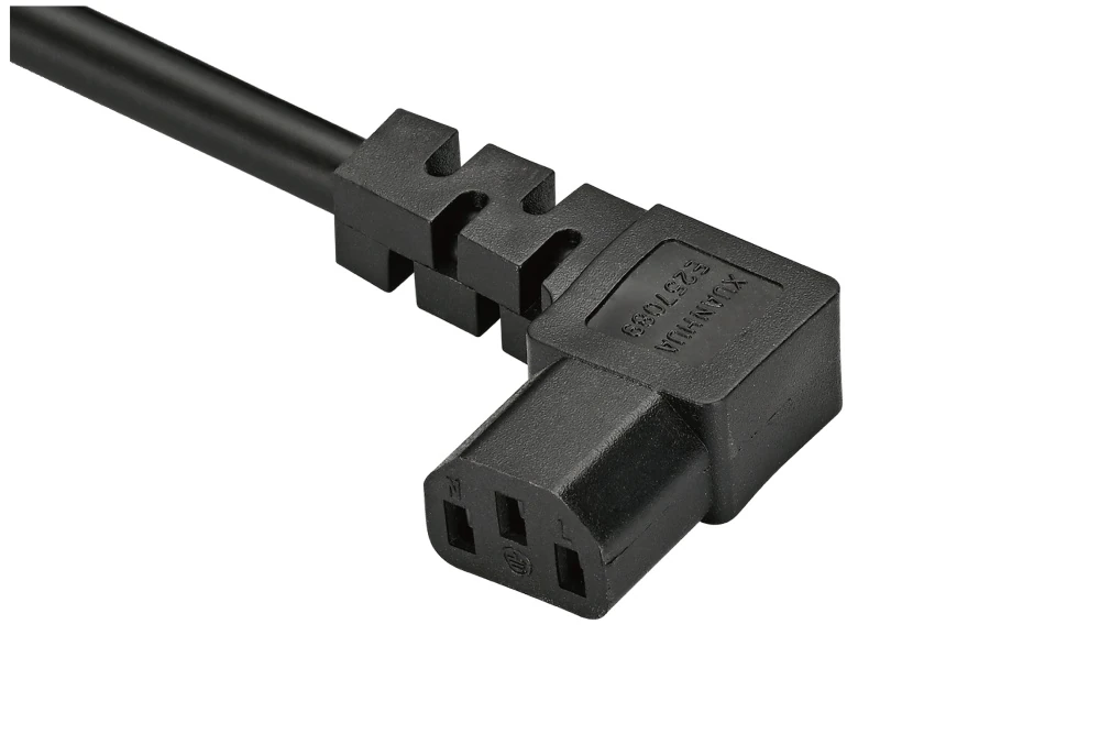 IEC Power Cords, IEC 60320 C13 Right Angle Connector Plug, Type C13, 3 poles, 3 wires, UL, ETL, VDE, TUV, SAA, KC, PSE Certified