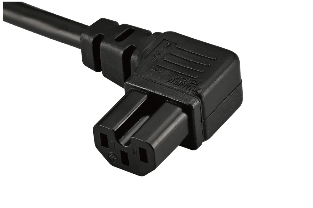 IEC Power Cords, IEC 60320 C15 Left Angle Connector Plug, Type C15, 3 poles, 3 wires, UL, ETL, VDE, TUV, SAA, KC, PSE Certified