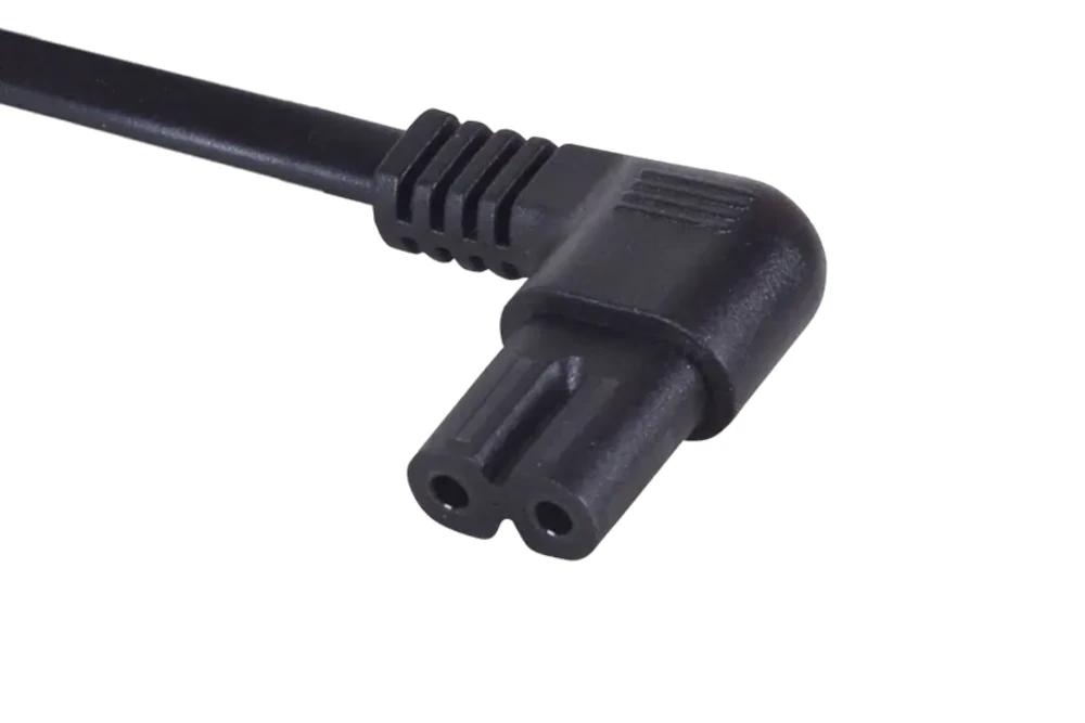 IEC Power Cords, IEC 60320 C7 Right Angle Non-polarized Connector Plug, Type C7, 2 poles, 2 wires, UL, ETL, VDE, TUV, SAA, KC, PSE Certified