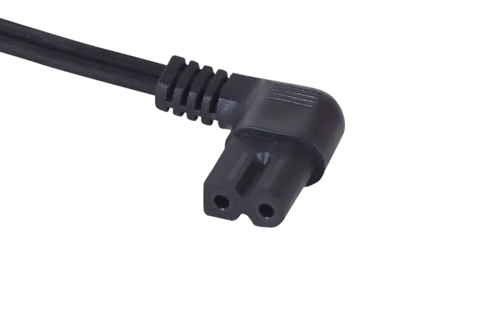 IEC Power Cords, IEC 60320 C7 Right Angle Polarized Connector Plug, Type C7, 2 poles, 2 wires, UL, ETL, VDE, TUV, SAA, KC, PSE Certified