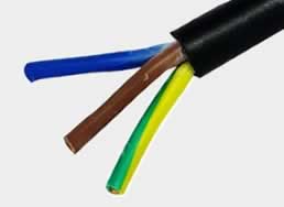 Three-core power cord open wire end with the jacket opened to expose the three cores