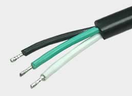 Three-core power cord stripped and tinned wire end with the strand cores dip-soldered in silver