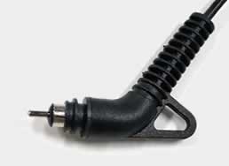 Two-core power cord terminated with a right-angle swivel power connector and pull loop